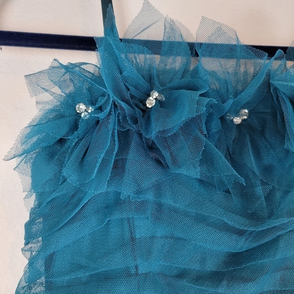 NWT City Studio Junior Ruffle-Neck Ruched Trim Gown in Teal Size 7/8 - Picture 4 of 9